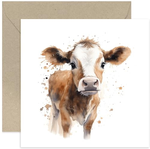 Old English Company Geburtstagskarte, Aquarell-Kuhkalb, innen blanko, FSC-zertifiziertes Papier, Wildtierkunst, Dankeschön, einfach so, Unisex-Erwachsene