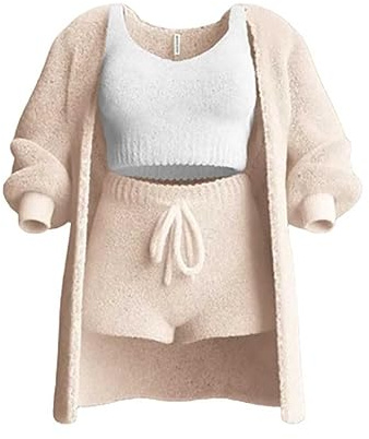 The Cozy Knit Set, 3 Piece Set-Cozy Knit Sets Crop Top, Shorts & Long Coat (Aprikose, S)