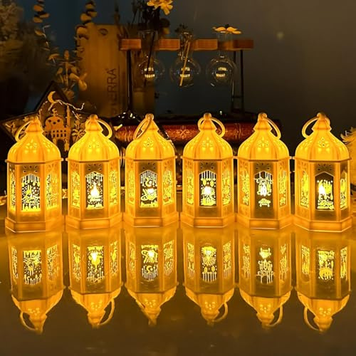 FUFRE Ramadan Deko Laterne, 6er Set Ramadan Kareem Dekoration Laterne mit Warmweiß LED Licht, Eid Mubarak Dekoration Mond Stern Laterne Hängend Ramadan Deko Lampe für Muslimische Festival Dekorative