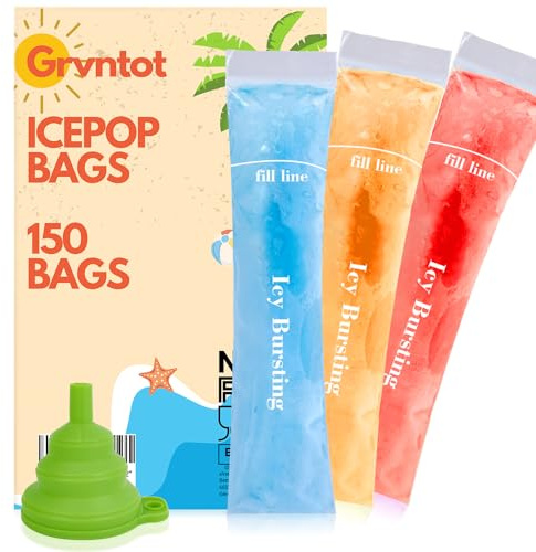Grvntot 150 Stück Wassereis Eisformen 20x5cm für natürliche Fruchtsnacks, Saft und Smoothies | BPA-frei, Zip-Verschluss, Trichter inklusive | Comes With A Funnel