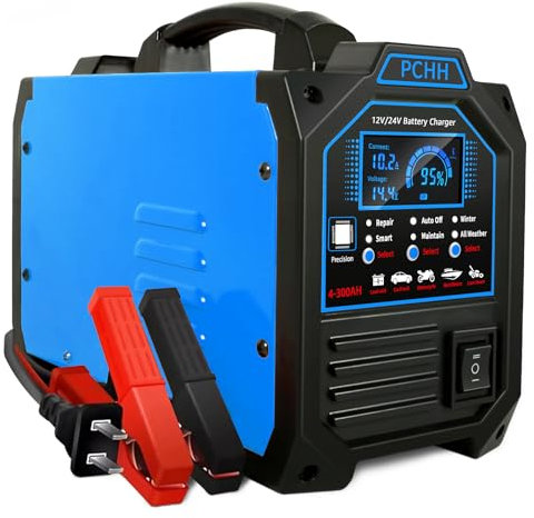 PCHH 12V 24V Car Battery Charger Heavy Duty, 0-15A Automatic Battery Maintainer, Smart Trickle Charger with Auto Shutoffs, Repair, Winter Mode, for Automotive Car Truck Motorcycle Lawn Mower Boat AGM