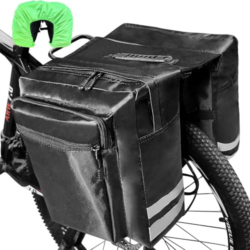 HINATAA Fahrradtaschen für gepäckträger,30L Fahrradtasche doppelt,Fahrradtaschen hinten gepäckträger,Wasserdicht Fahrrad Gepäcktasche mit Regenhülle,Gepäckträgertasche mit Reflektionsbänder (Schwarz)