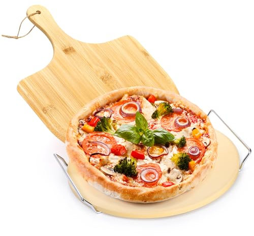 ZENFUN Round Pizza Stone with Wooden Peel and Metal Carry Rack 12 In Cooking Pizza Stone for Oven Baking and BBQ Grilling Round Baking Stone Cordierite Pizza Cooking Pan Free Bamboo Pizza Peel Paddle