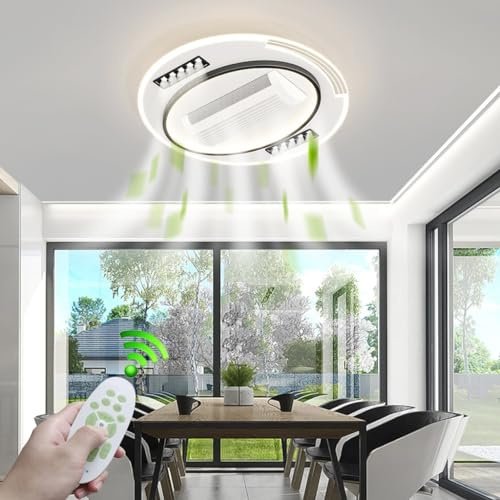 LYSDjia Ventilateur De Plafond Avec Lampe De Plafond LED rectangle Bedroom Plafonnier avec Télécommande Dimming Timing 6 Wind Speed Salon Plafonnier sans pales lustre en éventa (rond)