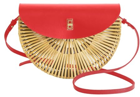 RULER TRUTH Handwoven Round Bamboo Bag Natural Shoulder Bag with Leather Straps Women's Handmade Straw Purse (Red, Large)