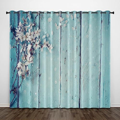 Vorhang Kinderzimmer Blaue Blumenweinlese-Holzmaserung Kinder Vorhänge Mit Ösen Polyester Gardinen Thermovorhang Blickdicht Ösenschal Kindergardinen Für Wohnzimmer Schlafzimmer, 2Er Set,-4R7Y9D7L2U5