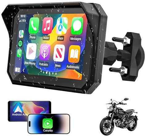 Aileway Motorcycle CarPlay Screen, 5'' Wireless CarPlay & Android Auto Portable Waterproof Touchscreen Car Stereo for Motorbike, Airplay, Navigation/Siri, Dual Bluetooth, Google Voice Control