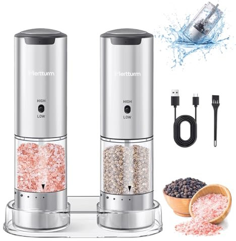 MERTTURM Recargable Molinillo Pimienta Eléctrico, Molinillo Especias 95ml Ajuste Externo, Acero Inoxidable Recipiente Lavable con Luz LED, Para Cocina, BBQ, Camping (2PCS)