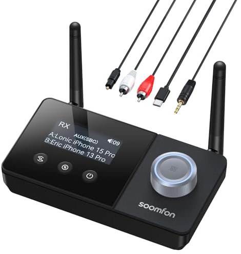 SOOMFON Bluetooth 5.3 Sender Empfänger für 2 Kopfhörer, 3-in-1 Bluetooth Audio Adapter mit Doppelantenne, Bluetooth Transmitter Receiver für TV/Stereoanlage, mit Lautstärkeregelung, Aux/Cinch/Optisch