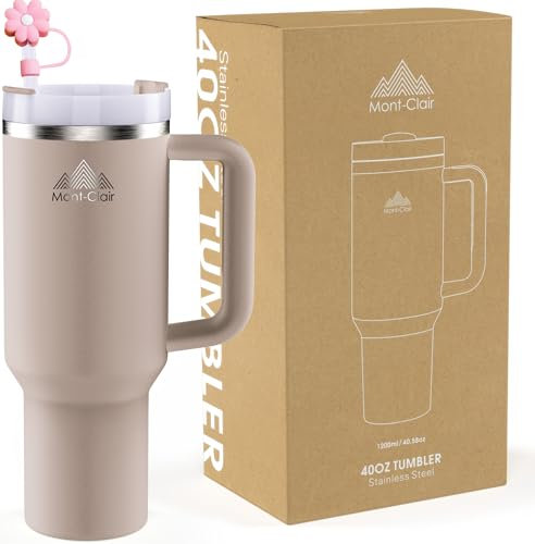 Mont-Clair 40oz Tumbler with Straw and Lid - Insulated Stainless Steel Travel Mug with Handle - Travel Mug - Hot & Cold Drinks - Cold or Hot for 10 Hours - Iced for 48 Hours - 1200ml -Almond