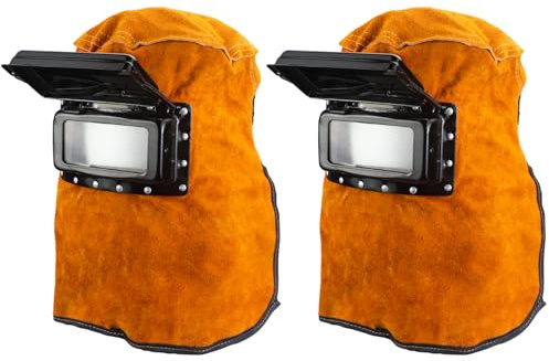QWORK Welding Helmet Mask with Flip Open Lens, Leather Welding Hood Grinding Protective Work Cap Head Face Neck Shield