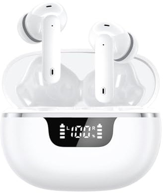 Wireless Earbuds, Bluetooth 5.4 Headphones with 4 ENC Noise Cancelling Microphone, Ear buds HiFi Stereo Deep Bass, Bluetooth Earphones 40H Playtime LED Display, IP7 Waterproof Touch Control, White