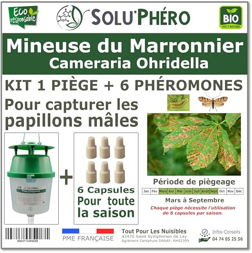SOLUPHERO - Kit 1 Piège Funnel + 6 Phéromones Mineuse Marronnier Bio - Efficacité par Capsule de 4 à 6 Semaines - Phéromone Écologique de Contrôle de Cameraria Ohridella