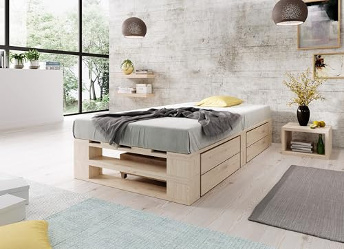 Lermowood Palettenbett M2 aus Holz 80 x 200 cm Natur mit Lattenrost und 2 Bettkästen Holzbett 30cm Stabiles Seniorenbett Kinderbett Jugendbett Gästebett erhöhtes Bettgestell Futonbett Komforthöhe
