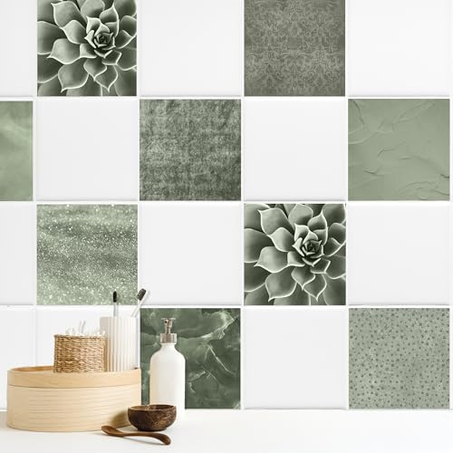 GRAZDesign Wasserdichte Fliesenaufkleber Set Grün Damast Muster für Bad & Küche, Selbstklebend & Abziehbar, 10er Pack - 20x25cm