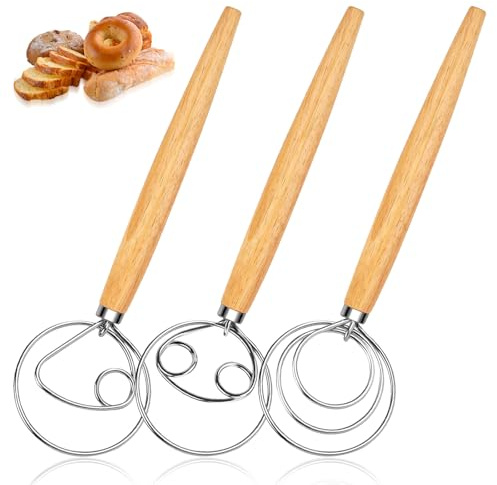 Lot de 3 fouets danois - Fouet à pâte danois de 33 cm avec manche en bois - Fouet à pâte danoise - Mélangeur à pâte - Accessoire de cuisson pour pâtisserie, pain, levain, pâtisseries, jeu C