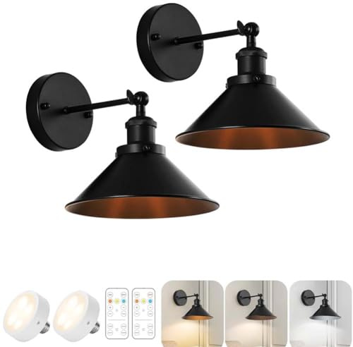 LOGT LED Kabellos Wandleuchte mit Fernbedienung Drehbar Wandlampe Batteriebetriebene Retro Industrie Wandleuchte Innen Metall Nachttischlampe mit Timer Schwenkbar Ohne Stromanschluss,Schwarz,2