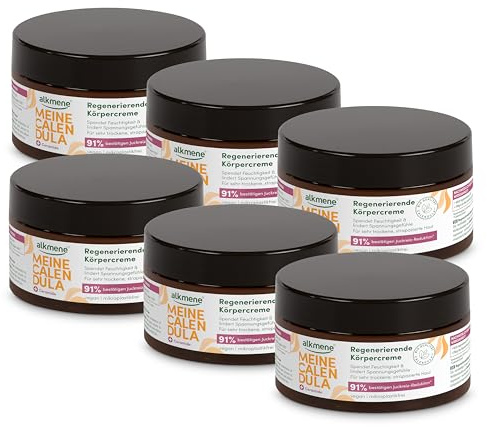alkmene Regenerierende Calendula Creme für strapazierte & trockene Haut | 6x 200 ml Vegane Hautcreme lindert Juckreiz - Körpercreme sehr trockene Haut - Bodybutter