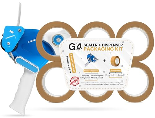 G4GADGET Tape Gun Dispenser with 6 Rolls of Strong Brown Packing Tape (48mm x 66m) – Heavy Duty Parcel Tape Dispenser for Moving, Storage, and Packaging Boxes