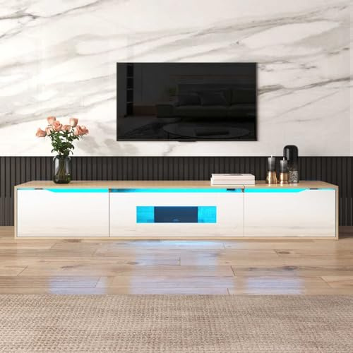 YEHTOKHOME Meuble TV Moderne avec éclairage LED et 3 Portes, Armoire Mural avec Espace de Rangement,Multifonctionnel Organisateur pour Salon et Chambre à Coucher,180x35x30cm (Blanc + Bois)