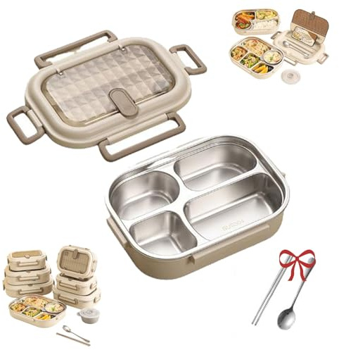 Microwavable Stainless Steel Insulated Bento Box, 1000/1500/2000ml for School,Company,Travel, 2025 New Lunch Box 304 Stainless Steel Lunch Box, with Soup Bowl Spoon and Fork (1000ml-4 Grid)