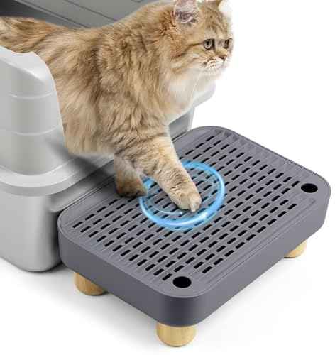 Bartuke Rampe de bac à litières pour Chat, Marche/escaliers pour Chat avec Base en Bois, pédale de Filtre à litière pour, idéal pour Les Chatons et Les Chats Plus âgés (Gris foncé)