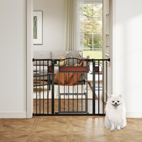 COSTWAY Türschutzgitter Hunde, 76 cm hoch, 74-104 cm, Absperrgitter Metall, Schutzgitter mit Kleiner Tür, 2 Erweiterungen, Schließautomatik, Türgitter ohne Bohren, Hundegitter ausziehbar (Schwarz)