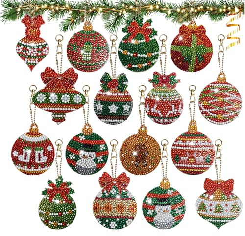Nexum Diamond Painting Weihnachten Anhänger Set 5D DIY Bastelset 16-teilig Acryl Schlüsselanhänger Weihnachtsbaum Deko Winter Bastelset mit funkelnden Strasssteinen (Farbige Kugeln)