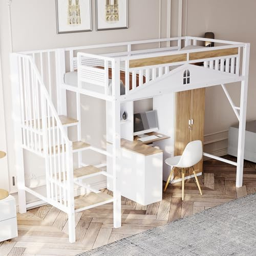 OOIILLEE Lit Mezzanine Métal 90x200 cm avec Barrière de Sécurité à Fenêtre, Échelle Intégrée et Espace de Rangement sous Le Lit