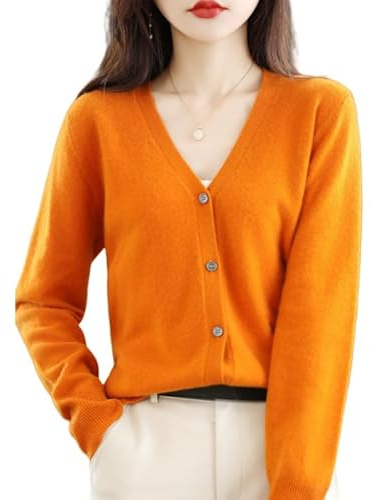 Generico Maglia Donna Invernale,Cardigan in Cashmere, Maglione Arancione in Lana Lavorato A Maglia, Maglione in Lana con Scollo A V, Elegante vestibilità Slim, Cappotto A Maniche Lunghe PE