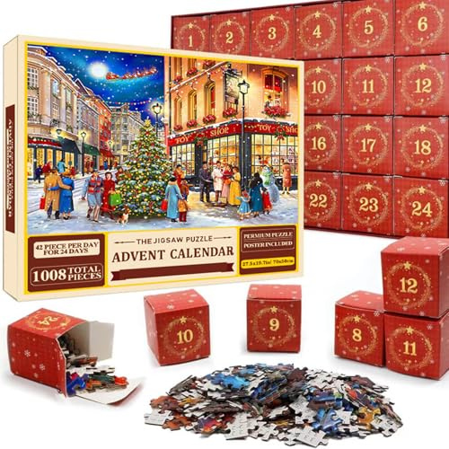 Advent Calendar 2025 Jigsaw Puzzle, 24 Days Christmas Countdown Calendar for Kids, 24 Boxs 1008 Pieces Puzzles for Boys and Girls Xmas Family Toys Game Gift for Teens Adults (G)