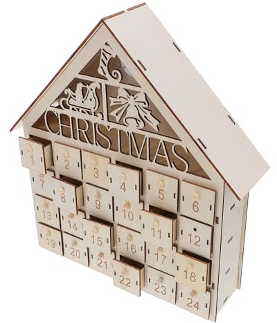 HOODANCOS Calendario Dell’Avvento di Natale in Legno 24 Giorni con LED Luminoso Casetta Decorativa da Tavolo con Cassetti Riempibili Conto alla Rovescia Natalizio Interattivo per Famiglie