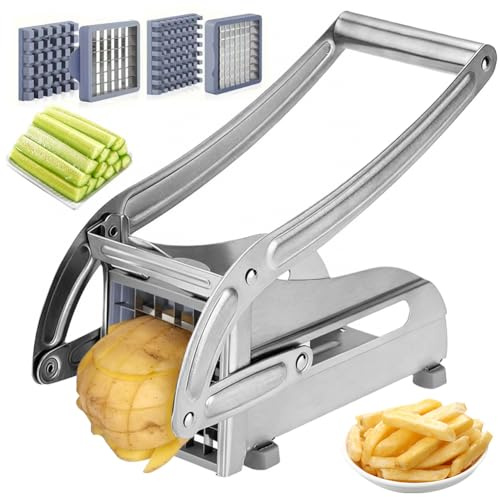 DASIAUTOEM Pommesschneider Edelstahl, Kartoffelschneider aus Edelstahl, 2 Schneidegrößen für Individuelle Pommesdicke, Pommespresse, Frittenschneider für Kartoffel Karotte Gurke Zwiebel Zitrone