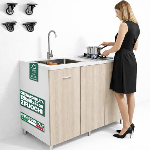 Shally Dogan Cucina Completa Monoblocco 120 x 60 x 85 cm, Piano Cottura a 2 Fuochi e Lavello con 3 Innesti in Acciaio Zincato 50 x 40 cm, Rubinetteria Completa con Fontana e Accessori Inclusa (Olmo)