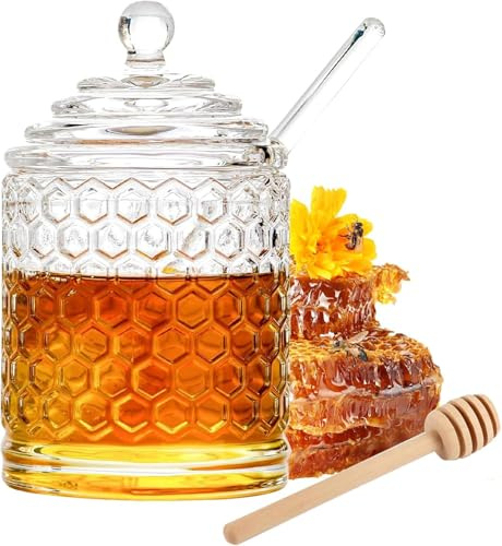 MUAMAX 300ml Clear Honey Bee Pot,Glass Honey Jar with Dipper and Lid,Crystal Honey Pot with Dispenser,Glass Honey Container with 2 Honey Sticks,Honey Dispenser and Syrup Container for Home Kitchen