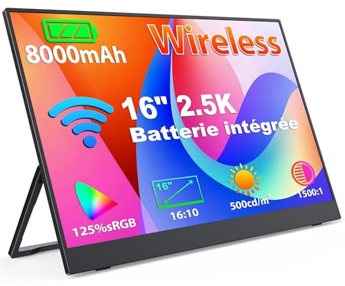 MAGICRAVEN 16 2.5K Kabelloser Portable Monitor mit 8000-mAh Akku, 1600P Tragbarer Monitor, Laptop Bildschirm Erweiterung, Mobiler Monitor IPS Screen, Unterstützt AirPlay/Miracast,für Laptop/Telefone