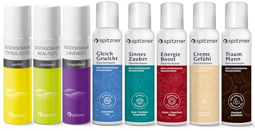 Spitzner Duschschaum Entdecker-Set (8 x 150 ml) – dermatologisch getestete und vegane Duschschäume - Citrus Ceder, Acai Yuzu, Creme, Energy, Passion, Lavendel, Pure Man, Balance