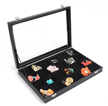 Sinoba Schmucklade Schmuckkasten Schaukasten Glasdeckel | 24 Fächer | Schmuckdisplay mit Glasdeckel und samtigen Fächern. Stapelbar für Ringe, Ohrringe, Ketten und Kleinschmuck