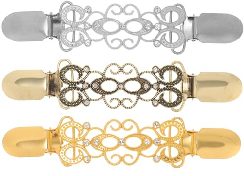 VALICLUD Damen Cardigan Clips Set 3 Stück Legierung Mit Diamantbesatz Strickjacken Verbindungsklammern Kragen Clips Für Pullover Und Jacken Gold Silber Bronze