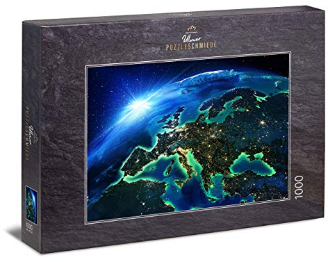 Ulmer Puzzleschmiede - Puzzle Lights of Europe - klassisches 1000 Teile Puzzle - spektakuläres Puzzlemotiv von Europa aus der Weltraum-Perspektive bei Nacht