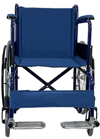 Carrozzina disabili pieghevole e leggera-Sedia a Rotelle per anziani-In acciaio cromato blu-Auto spinta-Larghezza 63 cm-Leva per gradini-Peso max100kg