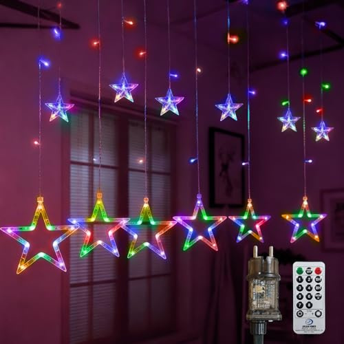 LED Lichterkette Lichtervorhang 3M 12 Sterne 138 LEDs Sternenvorhang Strom mit Merkfunktion, Timer, Fernbedienung 8 Modi Für Innen Außen, Weihnachten, Party, Hochzeit, Garten, Balkon, Deko Bunt