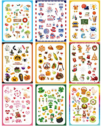 Gersoniel 18 Sheets Holiday Seasonal Stickers 450+ Scrapbooking Calendar Journaling Stickers Assorted Monthly Daily Planner Decoration for Crafts Birthday Party Summer July 4th Christmas