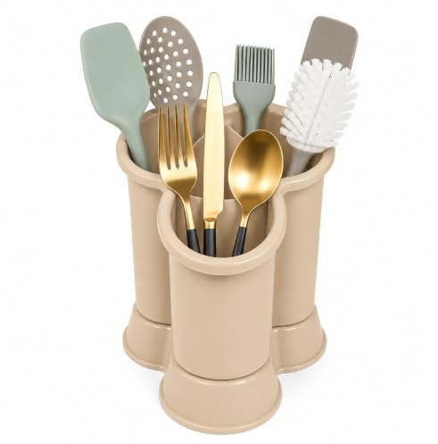 4 Compartment Cutlery Drainer Caddy | High Grade Plastic Utensil Holder for Kitchen | Cleaning Tools Organizer for Home & Kitchen (Taupe - D2)