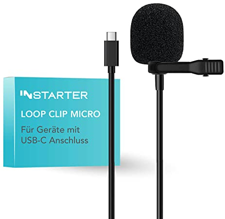 Instarter Lavalier Loop Clip Ansteckmikrofon - 360 Grad Klangaufnahme - mit USB-C Anschluss, 6 m Kabel, Windschutz, Tasche, Klemme - klarer Sound - für Kamera, Smartphone, Tablet, PC