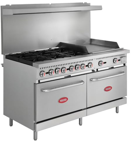Kratos 60 Wide Commercial Gas Range with 6 Burners, 24 Wide Griddle, and Two Full Size Standard Ovens, Stainless Steel Range for Restaurants, 280,000 Total BTU Output, Natural Gas (29Y-046-NAT)