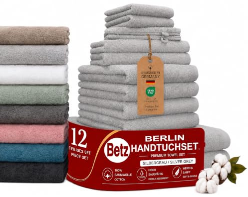 Betz Berlin Handtuch-Set 12-teilig – 100% Baumwolle – Oeko-TEX® Zertifiziert – extra saugfähig & weich – hohe Grammatur – Duschtücher, Handtücher, Gästetücher & Waschhandschuhe Farbe Silbergrau