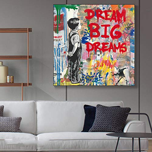 Dream Big Dream Graffiti Art Leinwand Gemälde Moderne Büroeinrichtung Banksy Wandkunst Poster und Drucke Moderne Street Art Bilder 90 x 90 cm Innenrahmen