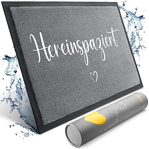 Bodenständig® Hereinspaziert Fußmatte [Waschmaschinenfest] in 40x60cm - optimale Größe für die Haustür. Schmutzfangmatten innen, Welcome mat Spruch und Herz