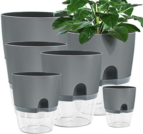 Muzhira Fioriere di Vaso di Plastica, 6pcs 23.5cm / 15.3cm / 10.5cm / 8.2cm Vaso con Sistema di Auto-irrigazione, per Fiori, Erbe, Violette Africane, Succulente - Grigio